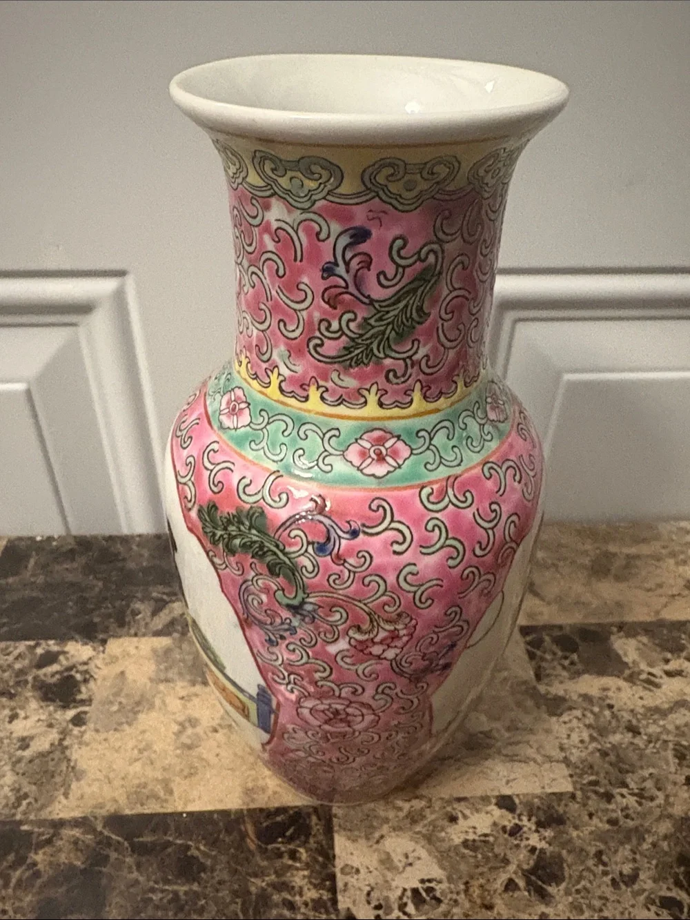 Vintage Porcelain Decorative Vase in Pink and Green